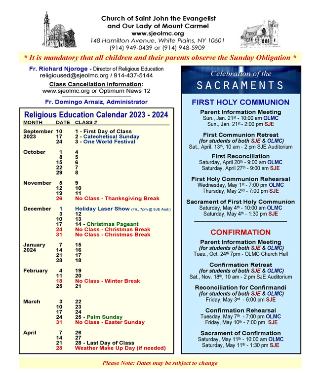 Class Schedule St. John the Evangelist and Our Lady of Mount Carmel